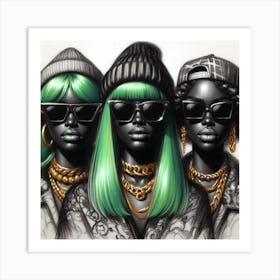 Three Black Women With Green Hair Art Print