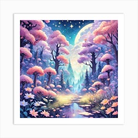 A Fantasy Forest With Twinkling Stars In Pastel Tone Square Composition 396 Art Print