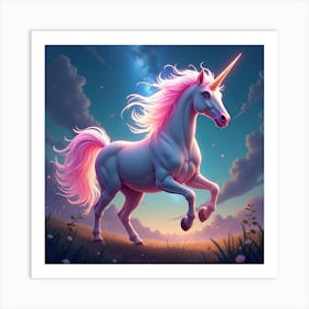 A Mystical Unicorn With A Mane Of Glowing, Rainbow Colored Light Galloping Through A Fantasy Landscape Art Print