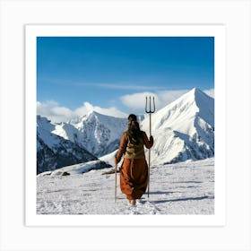 Firefly Graceful Indian Woman With Trident Walking Towards Snowy Hills 36911 Art Print