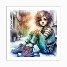 Little Girl Sitting On Steps 6 Art Print