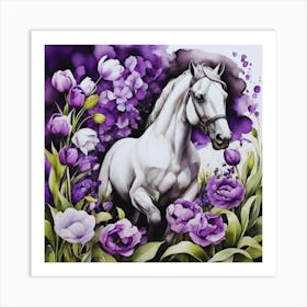 White Horse In Purple Flowers Art Print