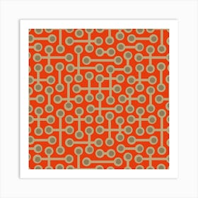 CIRCUITS Retro 1970s Mid Century Abstract Geometric Groovy Polka Dot in Vintage Sand and Beige on Coral Orange Art Print
