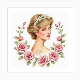 Elegant Watercolor Depiction Of Princess Diana Surrounded By Roses 1 Art Print