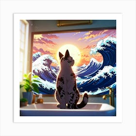 Default The Great Wave Off Kanagawa Inspired Cat Bathroom Art 0 Art Print