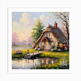 Oil Painting Of A Cottage Near A Pond, Spring Time 1 Art Print