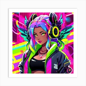 Neon Girl With Headphones 2 Art Print