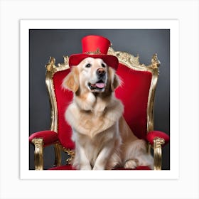 Regal Golden Retriever Dog On Kings Chair Red Hat Art Print
