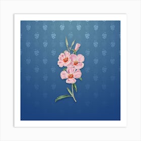 Vintage Pink Ruddy Godetia Botanical on Bahama Blue Pattern Art Print
