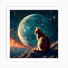 Cat Looking At The Moon Art Print