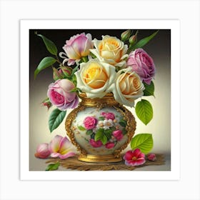 Antique fuchsia jar filled with purple roses, willow and camellia flowers 7 Art Print