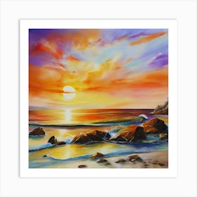 Artwork, oil colors, sea and sunset, seashore, beach rocks.San Francisco, USA.2 Art Print