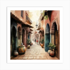 Street In Morocco, Marrakech Watercolor City Art Print