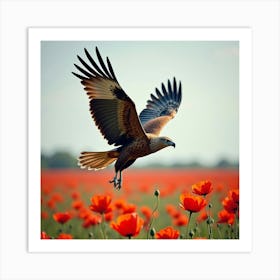 Eagle Soaring Over Poppy Field 1 Art Print