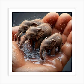 Elephants In Water 2 Art Print