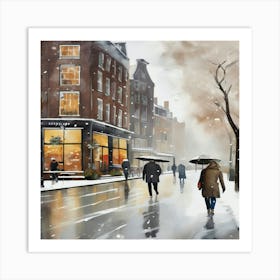 Amsterdam cafes, winter season, Christmas, pale colors, pedestrians in the street, winter clothes, falling snow.2 Art Print