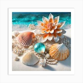 Firefly A Beautiful Feminine Flatlay Of Exotic Seashells, Corals, And Pearls On White Sands And Ocea (3) Art Print