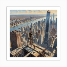 The Sky's Canvas: A Worker Painting the Urban Landscape New York Art Print