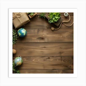 Earth Day Wooden Table From Above Banner Texture 1 Art Print