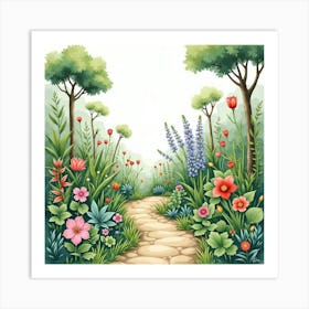 Lush Botanical Garden In Watercolor, With Diverse Plants And Flowers Art Print