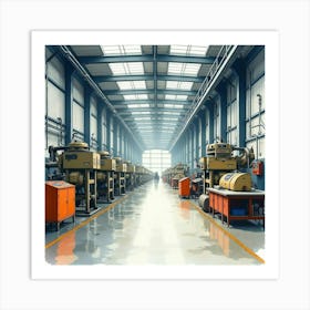 Industrial Factory Floor In Watercolor, With Machinery And Production Lines Art Print