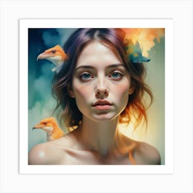 Girl With Birds On Her Head Art Print