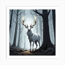 A White Stag In A Fog Forest In Minimalist Style Square Composition 6 Art Print