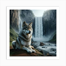 Wolf In Front Of Waterfall Art Print