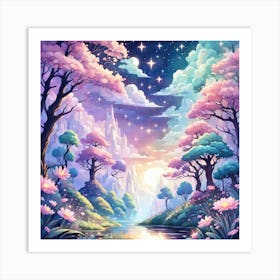 A Fantasy Forest With Twinkling Stars In Pastel Tone Square Composition 378 Art Print