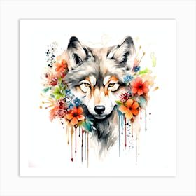 Wolf Head With Flowers Art Print