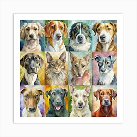 Collage Of Watercolor Portraits Of 12 Dog Breeds Art Print