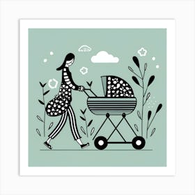 Woman Pushing A Stroller Art Print