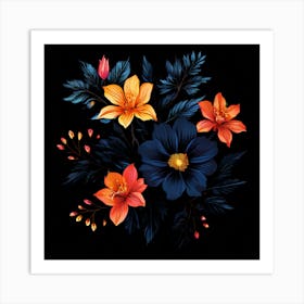 Flowers On A Black Background 1 Art Print