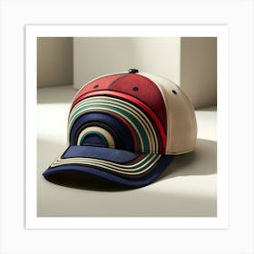 A Stunning, Intricately Designed Baseball Cap With Vibrant Colors And Varying Textures, Adorned With Bold, Curved Lines And Geometric Patterns, Featuring A Slightly Curved Brim And A Fitted, Rounded Crown Art Print