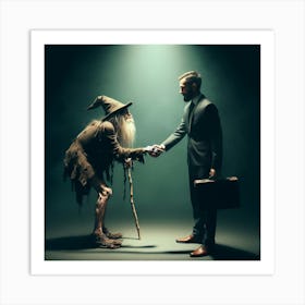 Businessman Shaking Hands With A Wizard Art Print