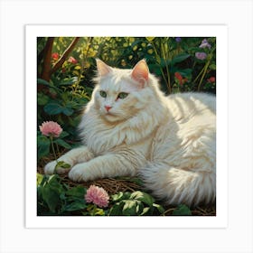 White Cat In The Garden Art Print