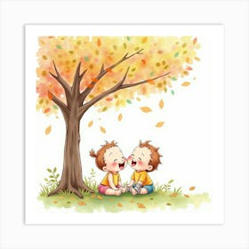 Watercolor Baby Twins Giggling Under A Tree With Colorful Leaves Art Print