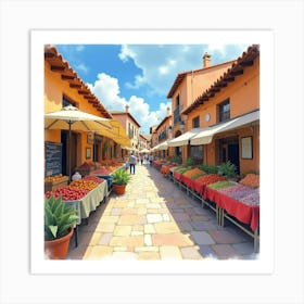 Watercolor Painting Of A Traditional Spanish Market With Vibrant Stalls Art Print