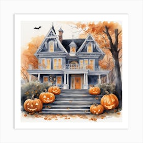 Halloween House With Pumpkins 16 Art Print