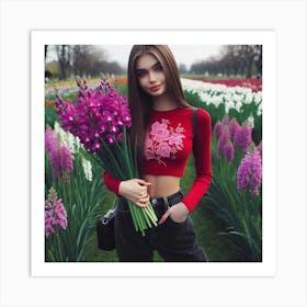 Beautiful Girl In Flower Field Art Print