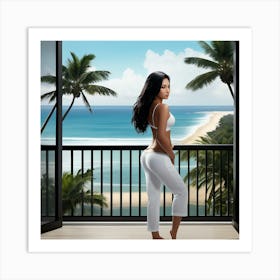 Asian Woman Standing On Balcony Art Print