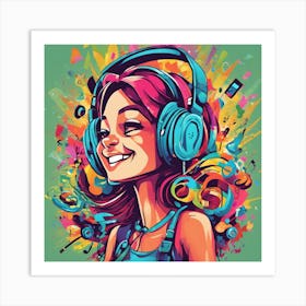 Colorful Girl With Headphones Art Print