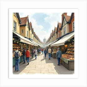 A Bustling English City Market With A Variety Of Stalls And Shoppers, Watercolor 1 Art Print