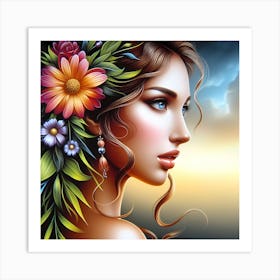 Beautiful Girl With Flowers In Her Hair 2 Art Print