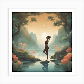 A Serene Depiction Of A Uttanasana, Surrounded By Elements Of Nature (E Art Print