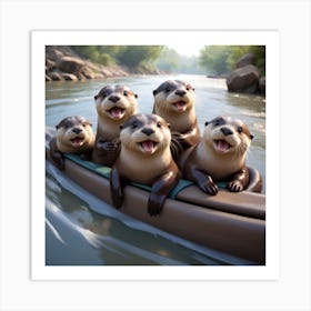 Playful Otters Joyfully Slides Down The Embankment Their Gleeful Expressions Capturing The Essence Of Art Print