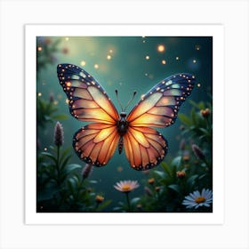 A Mythical Butterfly With Wings Of Glowing, Iridescent Light Fluttering Through A Magical Garden Art Print