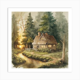 Enchanted Retreat A Serene Watercolor Of A Rustic Cabin In A Verdant Forest (4) Art Print