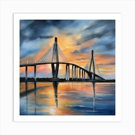 Sunset over the Arthur Ravenel Jr. Bridge in Charleston. Blue water and sunset reflections on the water. Oil colors.8 Art Print