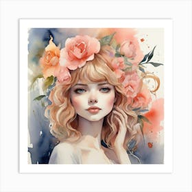 Watercolor Girl With Flowers 1 Art Print